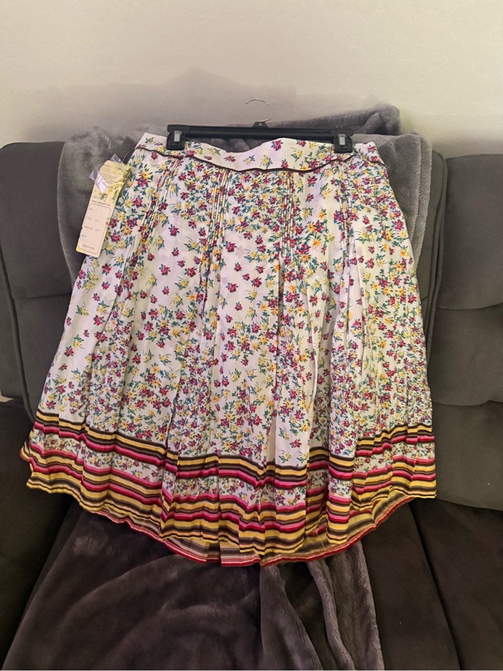 Lapis White Multi Floral Tiered Skirt with Striped Border